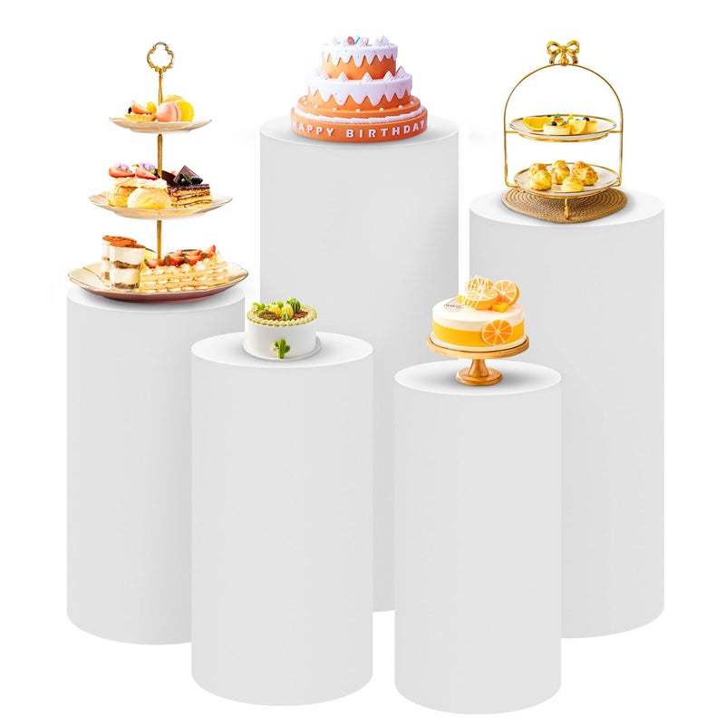 SaitiMade Set of 5 - White Cylinder Pedestal Stand Covers  Flexible Cylinder Stand Covers for Party  Wedding or Birthday Event Decor - Only Contains Cylinder Covers - Image 1